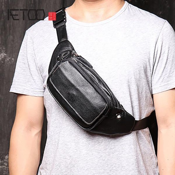 

HBP AETOO Men's Leather Chest Bag, Casual One-shoulder Sloping Bag, Cowhide Mobile Phone Bag., Black