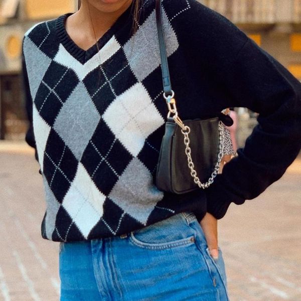 england preppy style long sleeve sweater women contrast color argyle plaid print pullover v-neck 90s vintage loose, White;black
england preppy style long sleeve sweater women contrast color argyle plaid print pullover v-neck 90s vintage loose, White;black