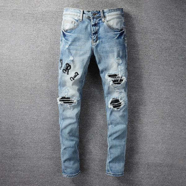 men's jeans embroidery letter biker jean streetwear slim skinny stretch denim motorcycle pant hole stitching zipper leather patch, Blue
men's jeans embroidery letter biker jean streetwear slim skinny stretch denim motorcycle pant hole stitching zipper leather patch, Blue