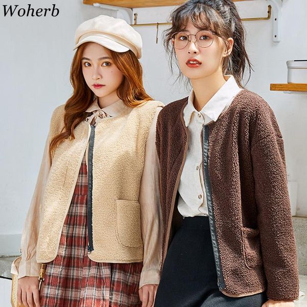 women's jackets woherb women autumn fashion lambs fluffy o-neck solid coat pockets warm slim coats ladies short thin 2021 korean jacket, Black;brown
women's jackets woherb women autumn fashion lambs fluffy o-neck solid coat pockets warm slim coats ladies short thin 2021 korean jacket, Black;brown