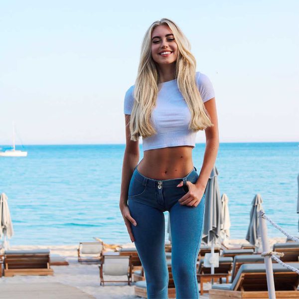 women's jeans stretch mujer push up jean slim denim pants mid waist summer jeo6, Blue