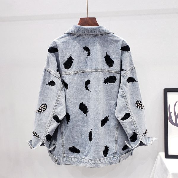 new diamond feather embroider women vintage blue turn down collar jeans jacket female loose long sleeve denim coat hts6, Black;brown
new diamond feather embroider women vintage blue turn down collar jeans jacket female loose long sleeve denim coat hts6, Black;brown