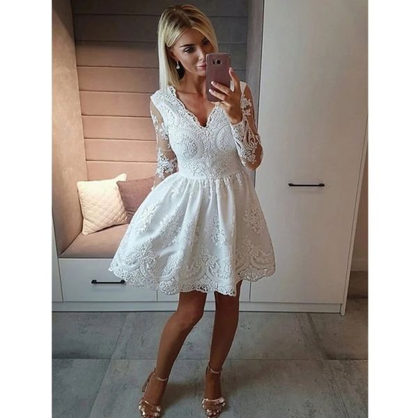 white sheer long sleeves lace homecoming dresses v neck mini lace appliques short club prom cocktail dresses, Blue;pink
white sheer long sleeves lace homecoming dresses v neck mini lace appliques short club prom cocktail dresses, Blue;pink