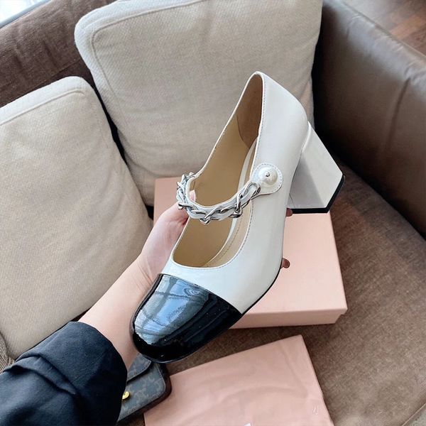 high heeled women's summer princess style square head thick heel mary jane button pearl chain miu patent leather single shoes, Black
high heeled women's summer princess style square head thick heel mary jane button pearl chain miu patent leather single shoes, Black
