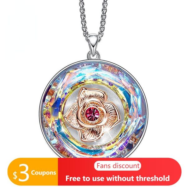 pendant necklaces mother's day gift luxury high-end crystals and publicity rose round charm necklace for women 2021 trend jewelry, Silver