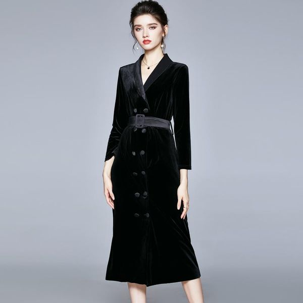 casual dresses autumn winter runway elegant velvet dress women's notched collar double breasted office work long party with belt, Black;gray
casual dresses autumn winter runway elegant velvet dress women's notched collar double breasted office work long party with belt, Black;gray