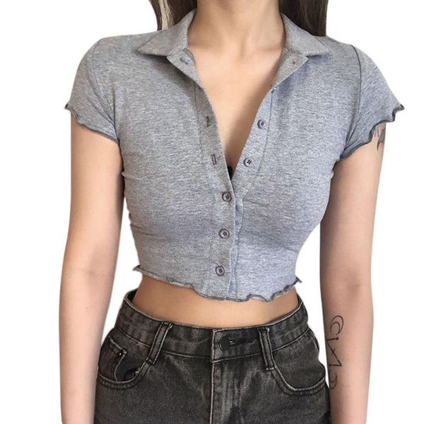 women's t-shirt women short sleeve bodycon lapel single-breasted crop ruffles trim solid color button open front streetwear, White
women's t-shirt women short sleeve bodycon lapel single-breasted crop ruffles trim solid color button open front streetwear, White