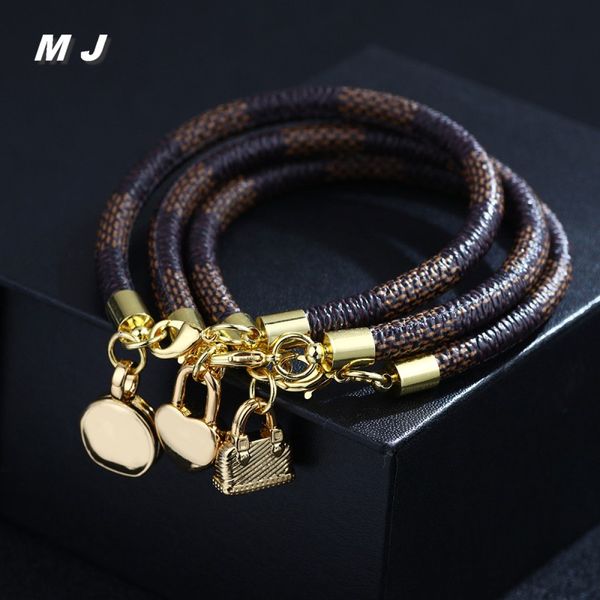 

Women's Luxury Brand Gold Plated Heart Bag Round Charm Leather Bracelet for Holiday Gift
