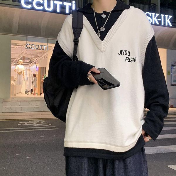 men's sweaters pr fake two-piece base sweater men 2021 autumn winter hong kong style loose and casual streetwear o-neck knitted, White;black
men's sweaters pr fake two-piece base sweater men 2021 autumn winter hong kong style loose and casual streetwear o-neck knitted, White;black
