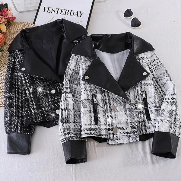 women's leather & faux tweed stitching pu handsome korean coat motorcycle jacket female autumn double breasted short jackets womens out, Black
women's leather & faux tweed stitching pu handsome korean coat motorcycle jacket female autumn double breasted short jackets womens out, Black