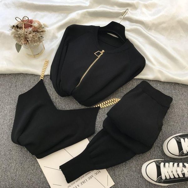 women's two piece pants autumn winter ins nail beads chain vest knitted coat + small foot elastic three matching sets for women, White
women's two piece pants autumn winter ins nail beads chain vest knitted coat + small foot elastic three matching sets for women, White