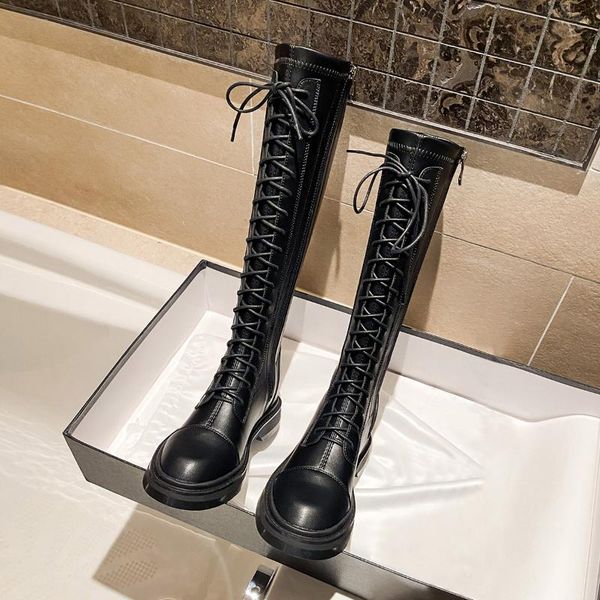 boots women casual winter 2021 fashion platform gothic shoes black leather lace up knee-high