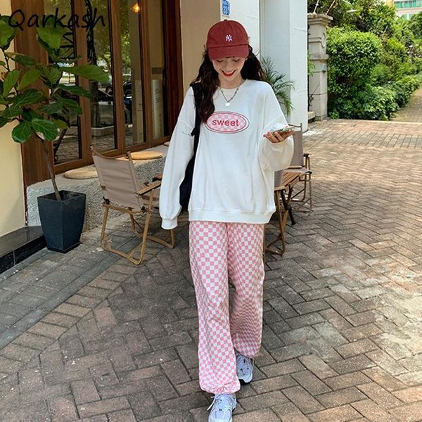 women's two piece pants women sets sweet letter printing o-neck loose hoodies high waist plaid casual wide leg tie feet trousers mujer, White
women's two piece pants women sets sweet letter printing o-neck loose hoodies high waist plaid casual wide leg tie feet trousers mujer, White