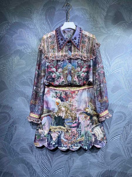 european and american high-quality two piece dress lapel beaded printed shirt + skirt, White
european and american high-quality two piece dress lapel beaded printed shirt + skirt, White