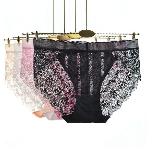 caifen ice silk out lace briefs middle waist breathable, Black;pink