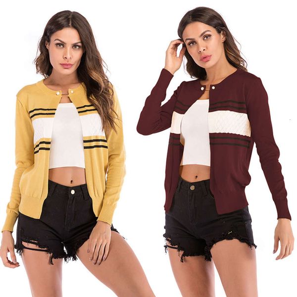autumn and winter contrast stripe knitted cardigan long sve round neck small coat women's wear, White
autumn and winter contrast stripe knitted cardigan long sve round neck small coat women's wear, White