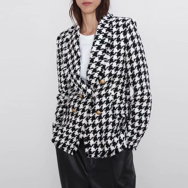 women autumn long sleeve plaid blazers jackets vintage double breasted female tweed blazers casual office lady outwears, Black;brown 
women autumn long sleeve plaid blazers jackets vintage double breasted female tweed blazers casual office lady outwears, Black;brown