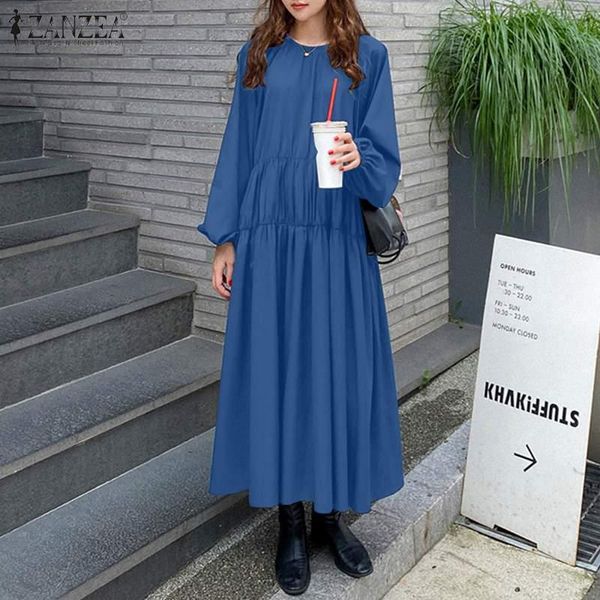 casual dresses plus size elegant zanzea women spring autumn party vintage clothing long puff sleeve o-neck smocked robe, Black;gray 
casual dresses plus size elegant zanzea women spring autumn party vintage clothing long puff sleeve o-neck smocked robe, Black;gray