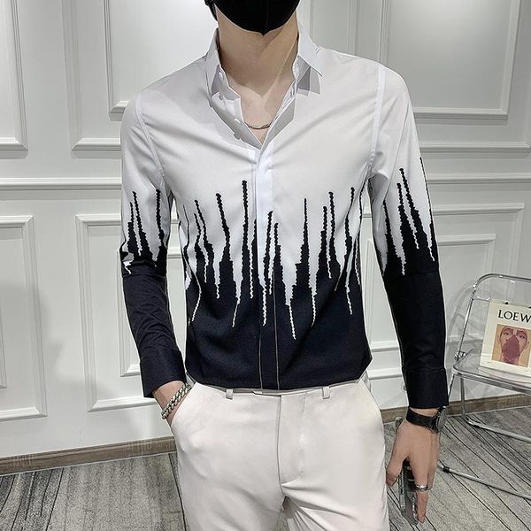 men's casual shirts 2021 handsome printed shirt autumn korean style slim long-sleeved trend, White;black
men's casual shirts 2021 handsome printed shirt autumn korean style slim long-sleeved trend, White;black