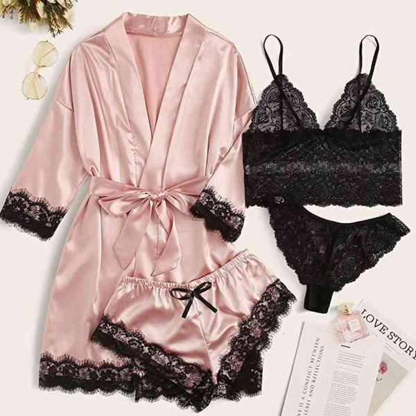 women's sleepwear 4 pieces women pajamas sets silk pyjamas femme elegant lace fashion casual home clothes nightwear zf8l, Black;red
women's sleepwear 4 pieces women pajamas sets silk pyjamas femme elegant lace fashion casual home clothes nightwear zf8l, Black;red