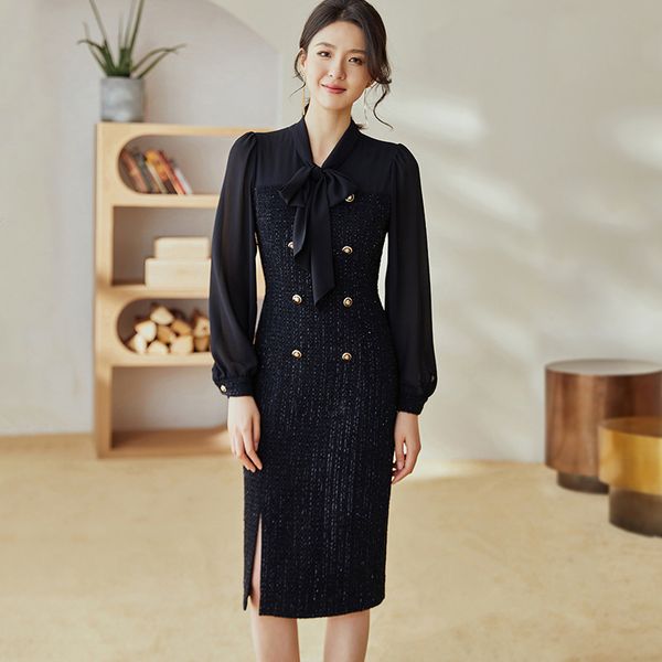 french tweed tie dress in early spring 2021 new stitching slim mid-length skirt, Black;gray
french tweed tie dress in early spring 2021 new stitching slim mid-length skirt, Black;gray