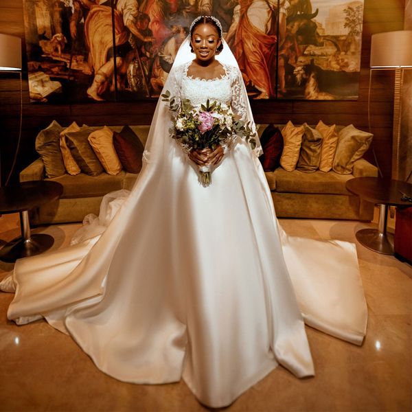 classy plus size beaded wedding dresses square neck bridal gowns lace long sleeves a line sweep train satin vestido de novia, White
classy plus size beaded wedding dresses square neck bridal gowns lace long sleeves a line sweep train satin vestido de novia, White