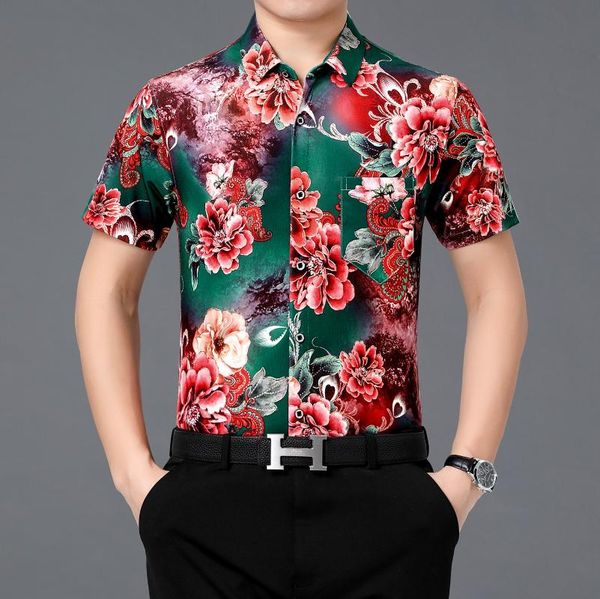 men's casual shirts summer floral clothing male short sleeve dress shirt fashion flowers printing silk streetwear, White;black
men's casual shirts summer floral clothing male short sleeve dress shirt fashion flowers printing silk streetwear, White;black