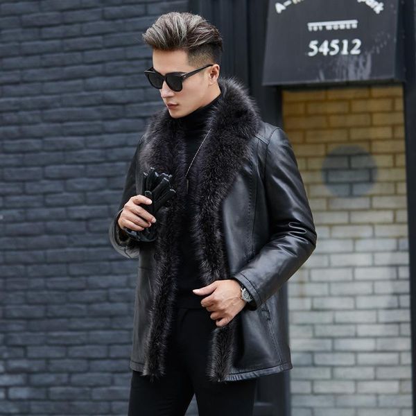 men's leather & faux raccoon dog fur collar real genuine jacket men wool liner winter sheepskin coat zt5010, Black
men's leather & faux raccoon dog fur collar real genuine jacket men wool liner winter sheepskin coat zt5010, Black