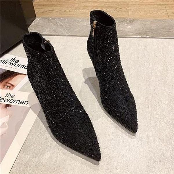 dress shoes autumn korean version of rhinestone pointed high heel short boots women's single tube fine fashion boots., Black
dress shoes autumn korean version of rhinestone pointed high heel short boots women's single tube fine fashion boots., Black
