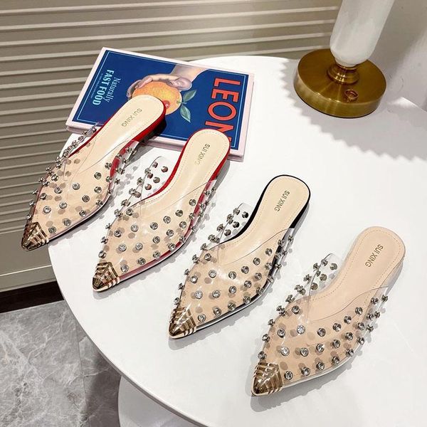 slippers fashion rivet women summer pvc transparent pointed toe clear mule rhinestone slides flat casual flip flops sandals, Black
slippers fashion rivet women summer pvc transparent pointed toe clear mule rhinestone slides flat casual flip flops sandals, Black