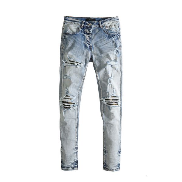 am new high street old hole patching leather washing damage jeans fashion brand, Blue
am new high street old hole patching leather washing damage jeans fashion brand, Blue