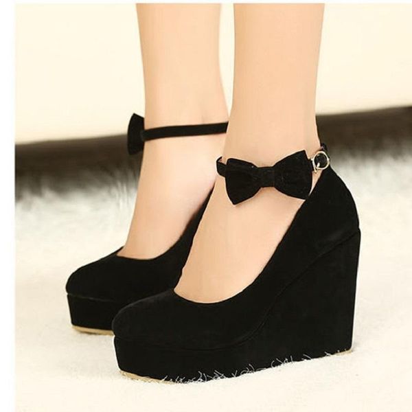 dress shoes spring and autumn women's single large size suede wedges bow buckle high heels round head wedding, Black
dress shoes spring and autumn women's single large size suede wedges bow buckle high heels round head wedding, Black