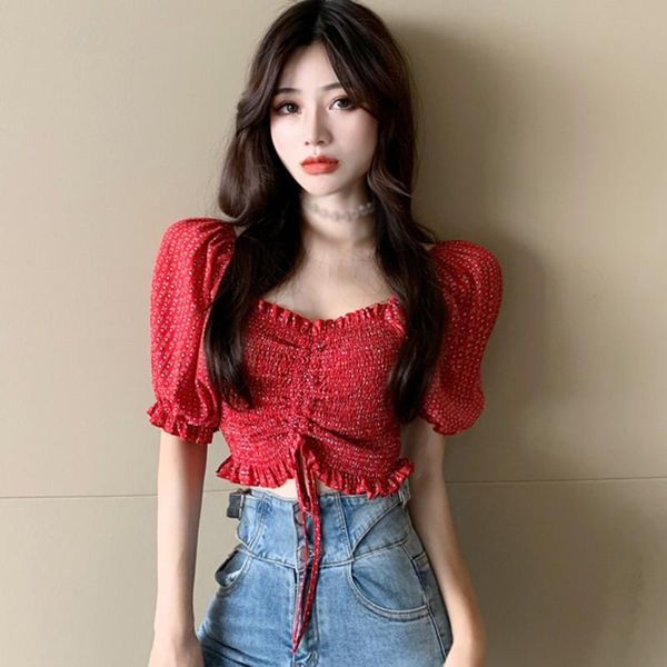 women's summer chiffon shirt print blusa mujer slash neck sweet pleated exposed navel short sleeve, White
women's summer chiffon shirt print blusa mujer slash neck sweet pleated exposed navel short sleeve, White