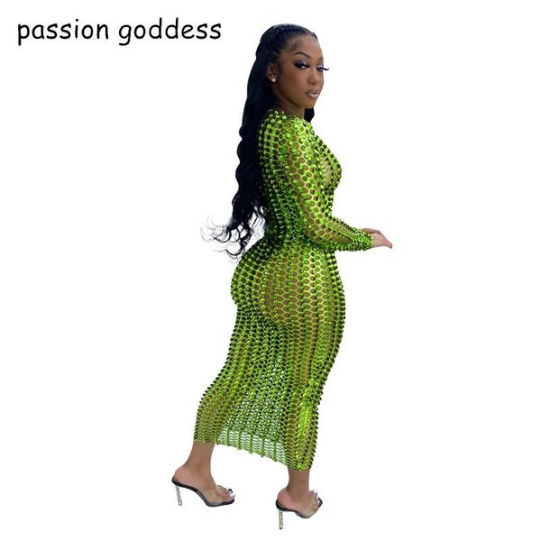 casual dresses women long sleeve summer hollow out maxi dress bodycon green street wear female 2021 club party bling, Black;gray
