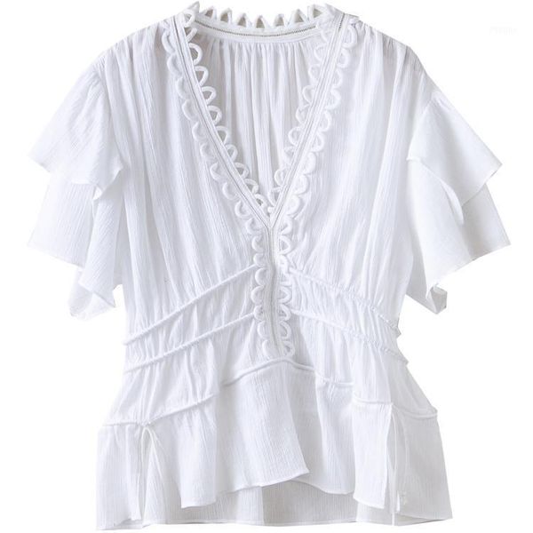 ramie cotton blouse v-neck lace embroidered detail smocked waist short sleeves with ties fashion woman women's blouses & shirts, White
ramie cotton blouse v-neck lace embroidered detail smocked waist short sleeves with ties fashion woman women's blouses & shirts, White