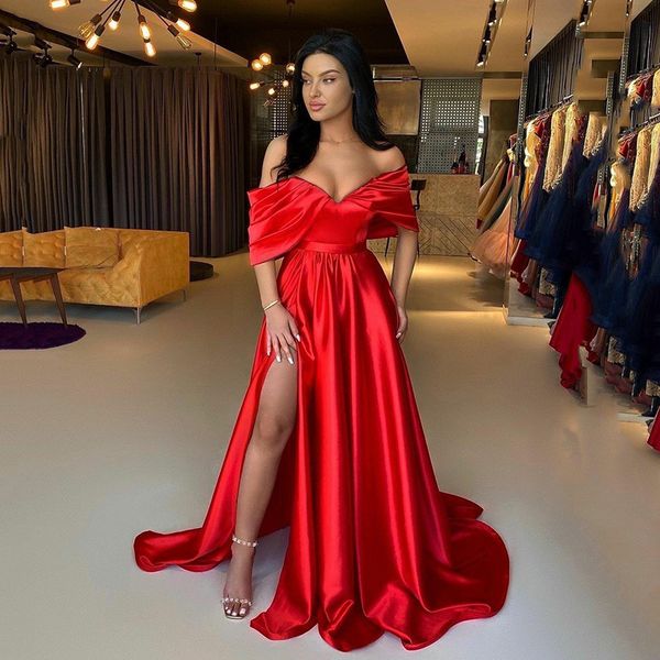 red satin women wear dresses for evening party 2022 off shoulder ruched side split long prom gowns zipper back special banquet gowns, Black;red
red satin women wear dresses for evening party 2022 off shoulder ruched side split long prom gowns zipper back special banquet gowns, Black;red