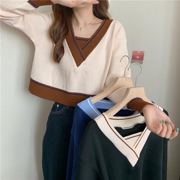 women's sweaters retro loose v-neck sweater women contrast color knit patchwok jumper crop top, White;black
women's sweaters retro loose v-neck sweater women contrast color knit patchwok jumper crop top, White;black