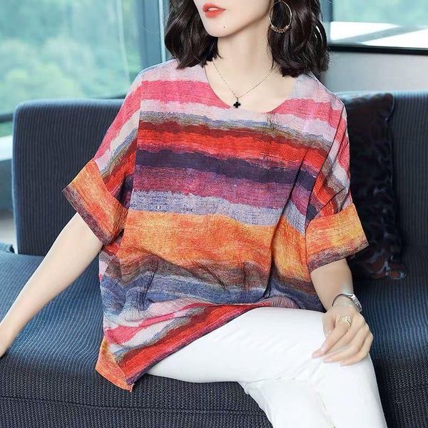 round neck large size covered belly was thin shirt female loose short sleeve side slit striped printed blouse women spring 2021, White
round neck large size covered belly was thin shirt female loose short sleeve side slit striped printed blouse women spring 2021, White