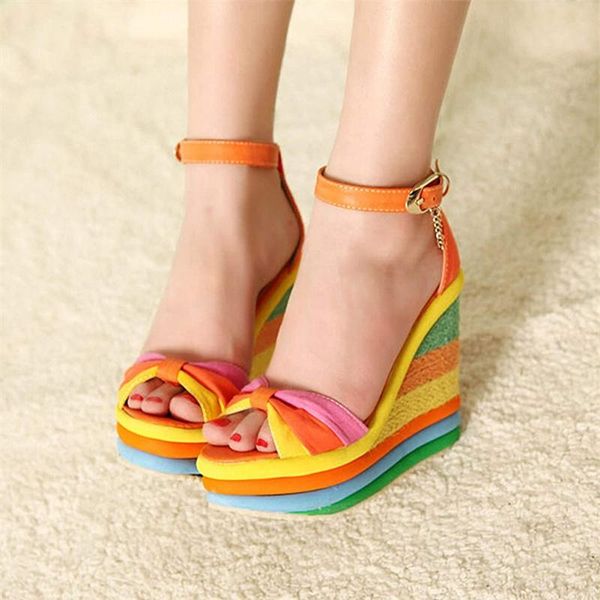 Sandals Platform Wedge Bohemian Color Block High Heels Ankle Strap Women Summer