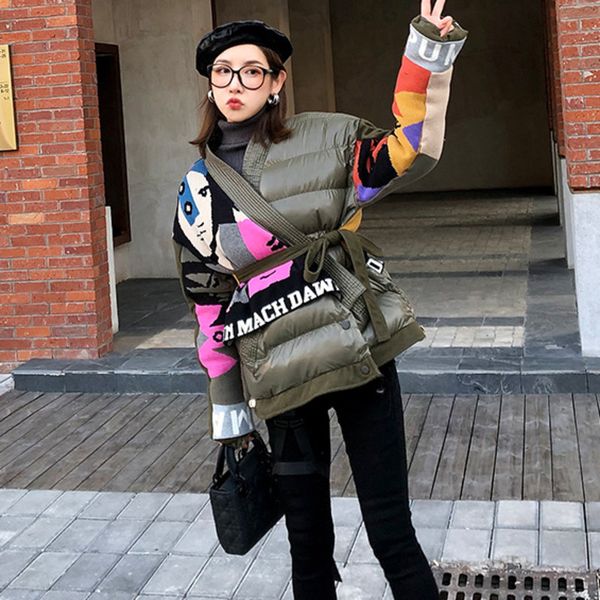 v-neck tie thick cotton coat female loose long coat european goods 2021 winter new knit pattern stitching overcoats parka, Black;brown
v-neck tie thick cotton coat female loose long coat european goods 2021 winter new knit pattern stitching overcoats parka, Black;brown