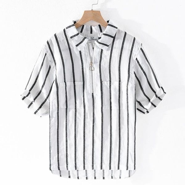 men's casual shirts 004 men striped pullover breathable small fresh simple youth wash short sleeve shirt linen zipper pocket lapel, White;black
men's casual shirts 004 men striped pullover breathable small fresh simple youth wash short sleeve shirt linen zipper pocket lapel, White;black