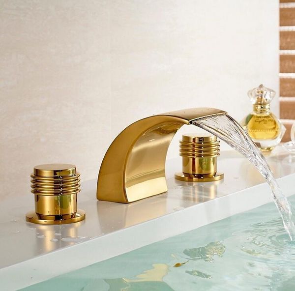bathroom sink faucets wash basin faucet waterfall and cold, copper three hole golden, brass handle bathtub deck
bathroom sink faucets wash basin faucet waterfall and cold, copper three hole golden, brass handle bathtub deck