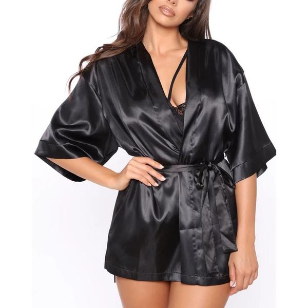 women's sleepwear women ladies spring autumn casual short sleeve silk night robes black robe with belt, Black;red
women's sleepwear women ladies spring autumn casual short sleeve silk night robes black robe with belt, Black;red
