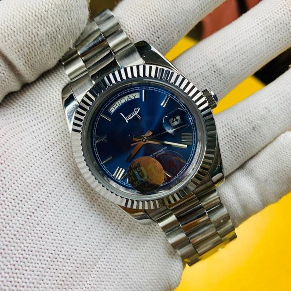 men's silver case automatic mechanical blue dial sapphire daydate watch 41mm wristwatches, Slivery;brown
men's silver case automatic mechanical blue dial sapphire daydate watch 41mm wristwatches, Slivery;brown