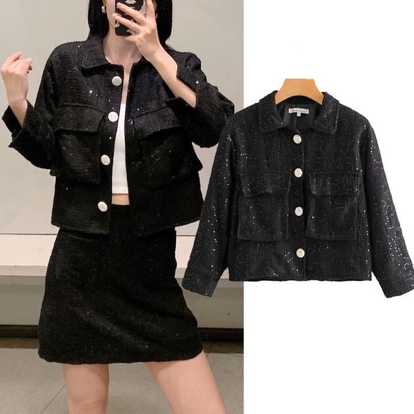 women 2021 new fashion sequins jackets autumn casual long sleeve basic short jacket vintage korean harajuku coats, Black;brown
women 2021 new fashion sequins jackets autumn casual long sleeve basic short jacket vintage korean harajuku coats, Black;brown