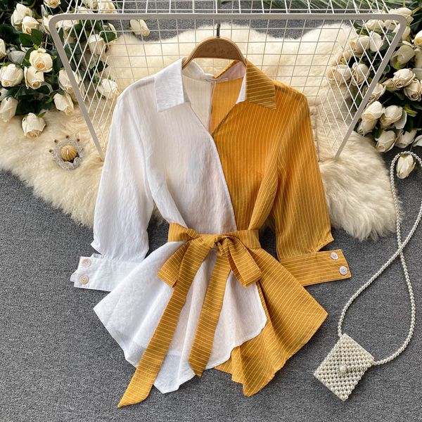 vintage white striped patchwork irregular ruffle blouse women spring autumn elegant turn-down collar female casual shirt, Black;gray
vintage white striped patchwork irregular ruffle blouse women spring autumn elegant turn-down collar female casual shirt, Black;gray