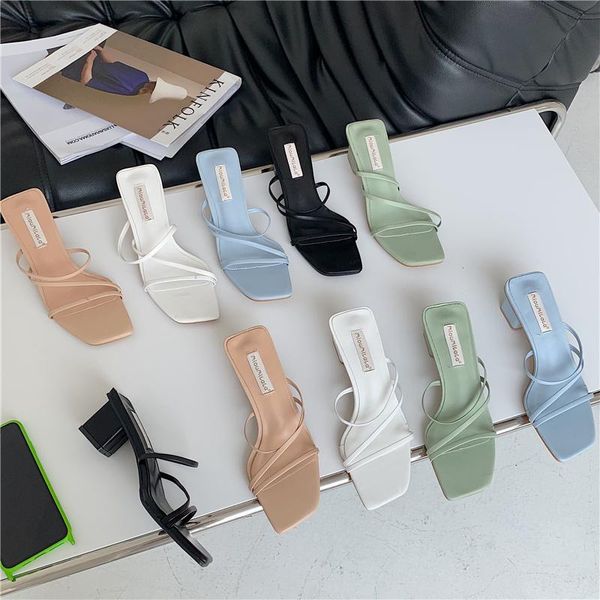 slippers women narrow band open toe square mid heels solid color summer dress shoes ladies slides flip flops pumps casual, Black 
slippers women narrow band open toe square mid heels solid color summer dress shoes ladies slides flip flops pumps casual, Black