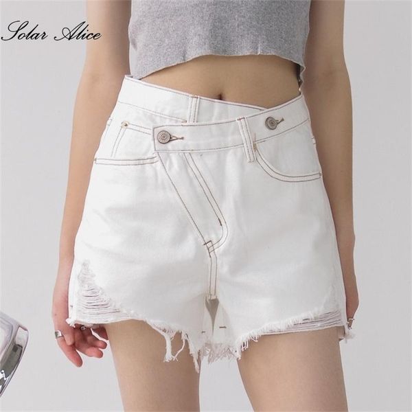 women's shorts 2021 summer high-waist denim irregular placket shackle torn edge casual, White;black
women's shorts 2021 summer high-waist denim irregular placket shackle torn edge casual, White;black