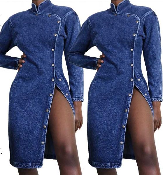 casual dresses est women solid stand collar knee-length dress autumn winter female's long sleeve single-breasted high split denim, Black;gray
casual dresses est women solid stand collar knee-length dress autumn winter female's long sleeve single-breasted high split denim, Black;gray
