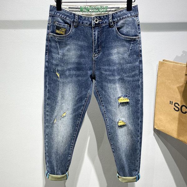 men's jeans spring summer fashion ripped hole yellow stitching men middle waist do the old washed personality stretch blue trousers
men's jeans spring summer fashion ripped hole yellow stitching men middle waist do the old washed personality stretch blue trousers